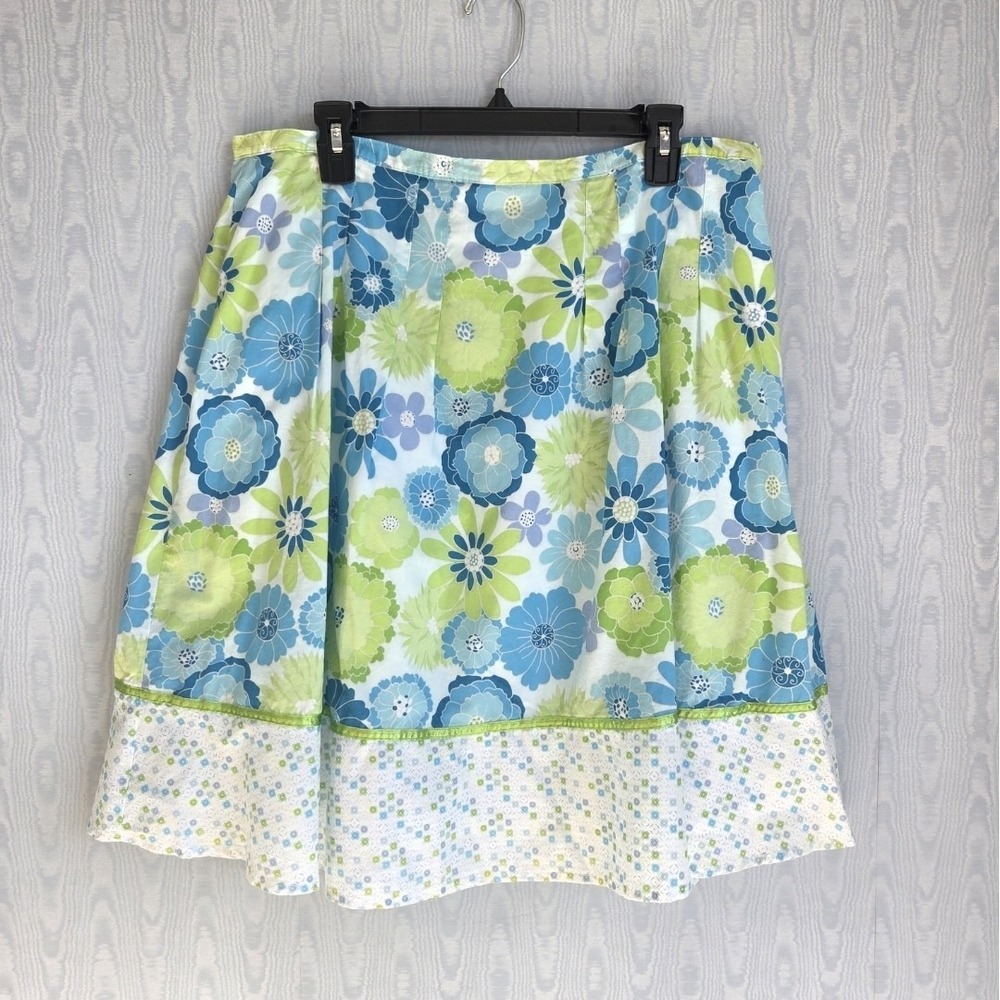 Izod Skirt Women's 14 Floral Lined 100% Cotton Boho Pastel White Blue Green